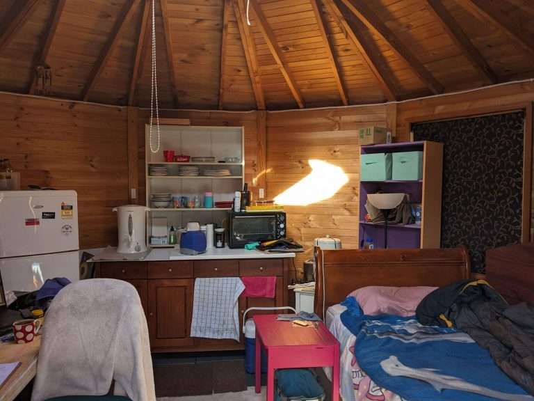 Inside Cate's yurt